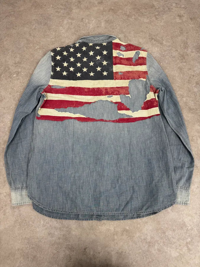 2000s Ralph Lauren Denim & Supply Destroyed USA Flag Blue Denim Shirt HtUsEky 1