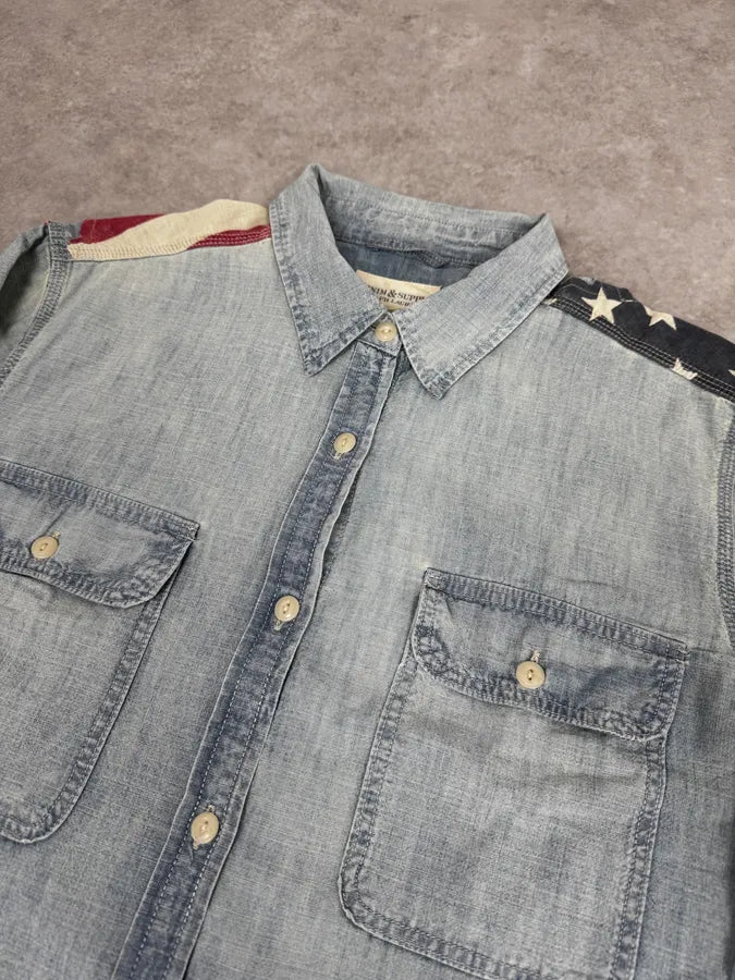 2000s Ralph Lauren Denim & Supply Destroyed USA Flag Blue Denim Shirt HtUsEky 4