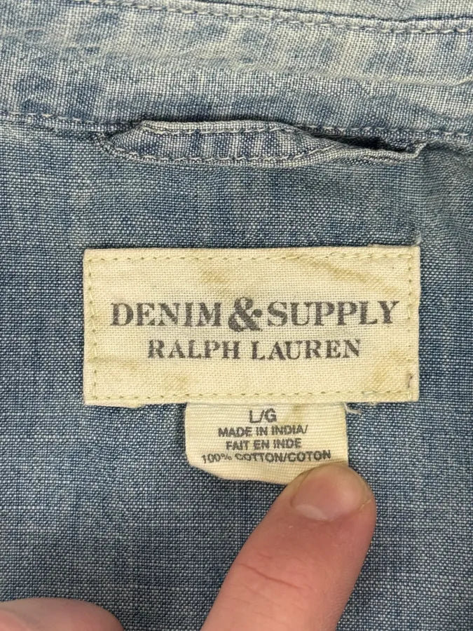 2000s Ralph Lauren Denim & Supply Destroyed USA Flag Blue Denim Shirt HtUsEky 8