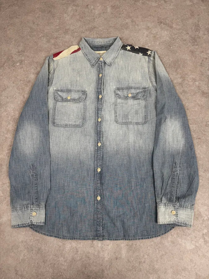 2000s Ralph Lauren Denim & Supply Destroyed USA Flag Blue Denim Shirt HtUsEky 2