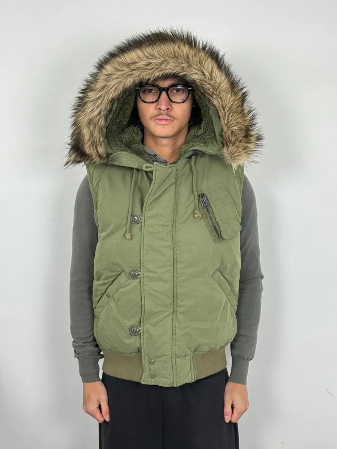 2000s Ralph Lauren Denim & Supply Khaki Fur Hood Vest Jacket TBpiTrn 0
