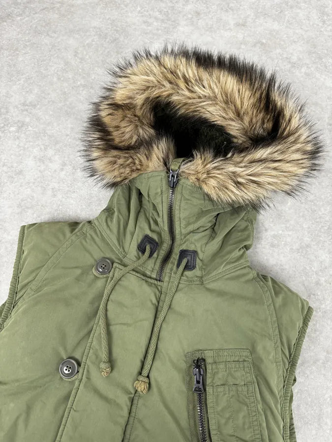 2000s Ralph Lauren Denim & Supply Khaki Fur Hood Vest Jacket TBpiTrn 5
