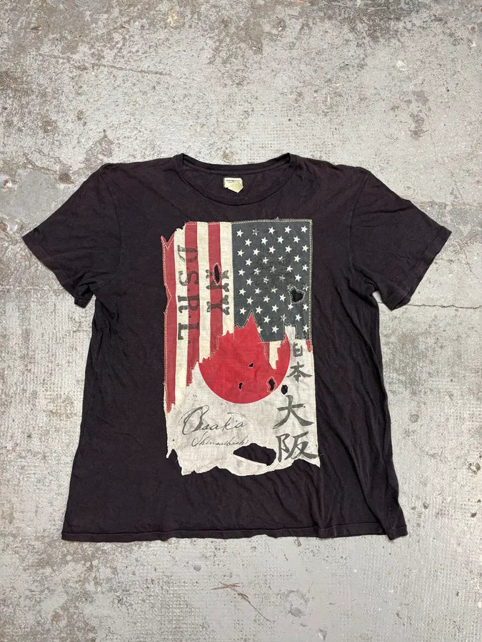 2000s Ralph Lauren Denim & Supply USA Japan Destroyed Flag Faded Black T-Shirt TgXQzIu 0