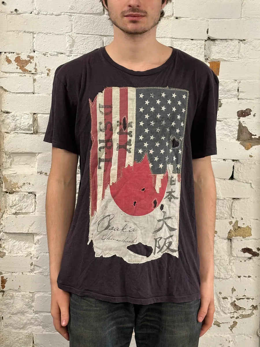 2000s Ralph Lauren Denim & Supply USA Japan Destroyed Flag Faded Black T-Shirt TgXQzIu 1