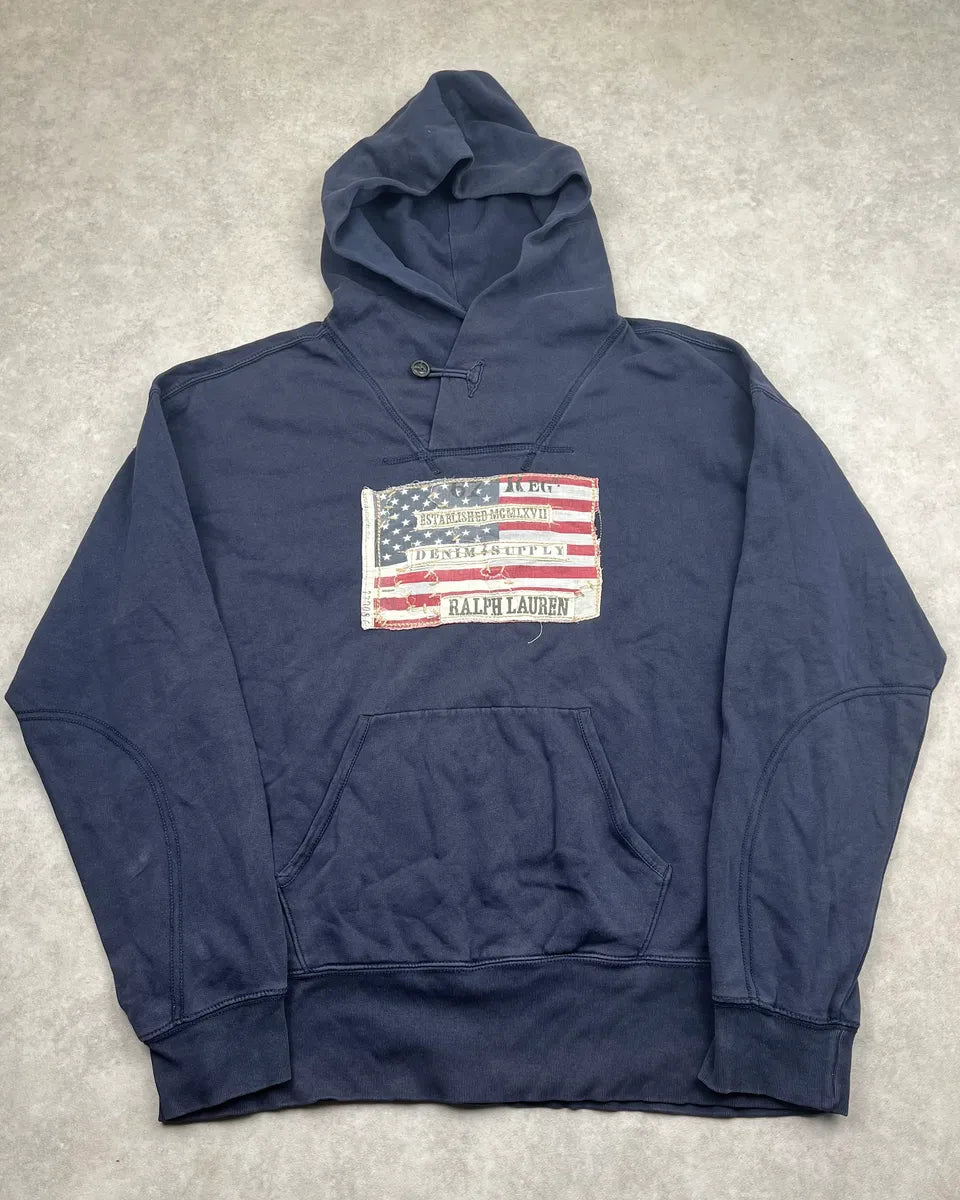 2010s Ralph Lauren Denim Supply Navy Cotton Distressed Flag Hoodie kzBdpCr 2
