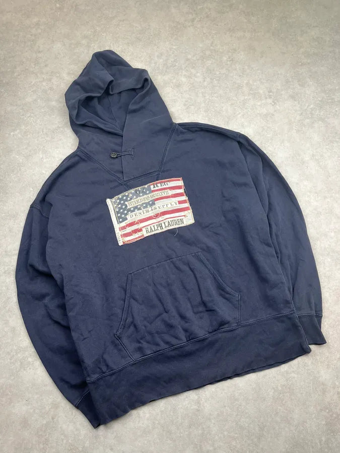 2010s Ralph Lauren Denim Supply Navy Cotton Distressed Flag Hoodie kzBdpCr 4