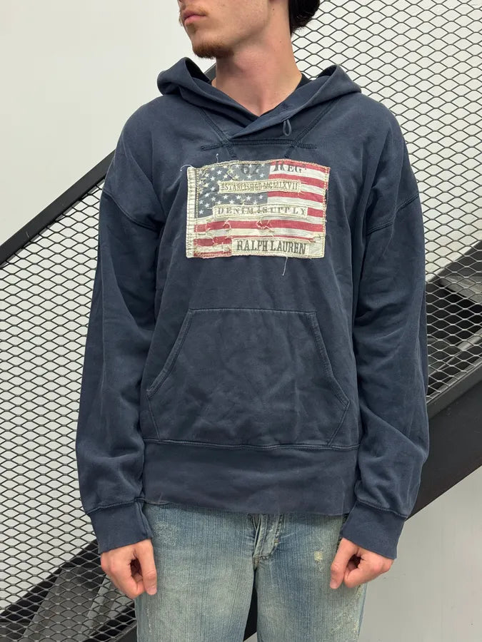 2010s Ralph Lauren Denim Supply Navy Cotton Distressed Flag Hoodie kzBdpCr 0