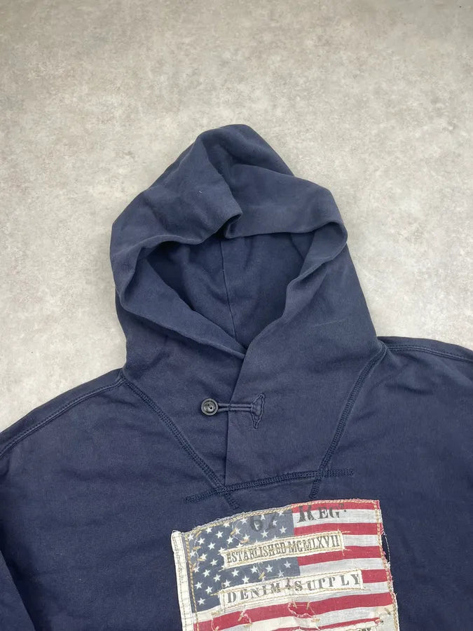 2010s Ralph Lauren Denim Supply Navy Cotton Distressed Flag Hoodie kzBdpCr 3