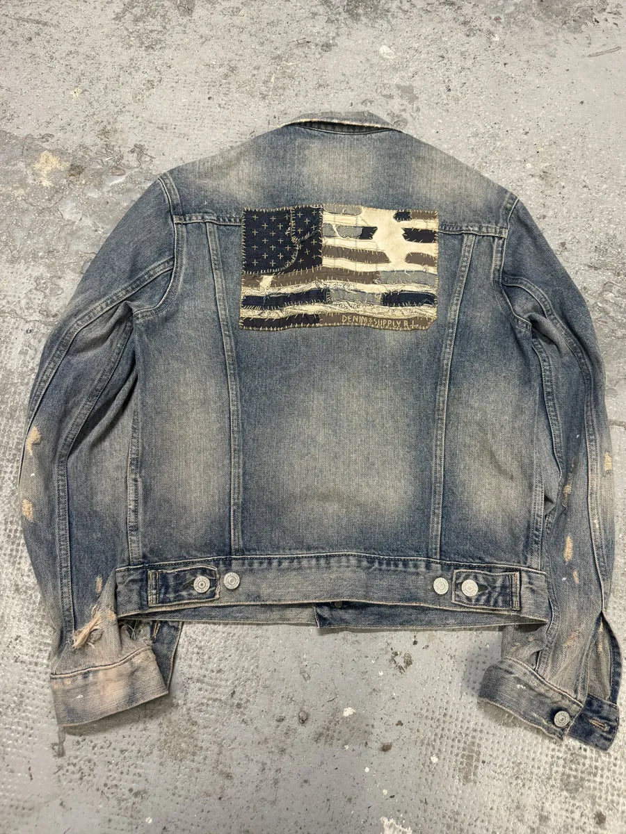 2000s Ralph Lauren Distressed Painted Blue Denim Flag Jacket GwLCHDv 0