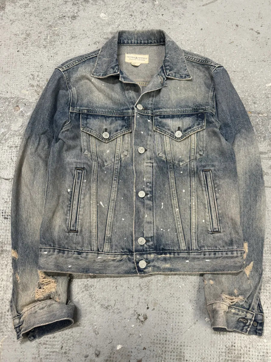 2000s Ralph Lauren Distressed Painted Blue Denim Flag Jacket GwLCHDv 1