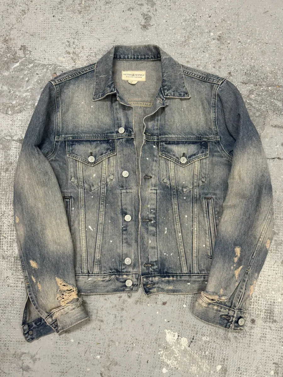 2000s Ralph Lauren Distressed Painted Blue Denim Flag Jacket GwLCHDv 10