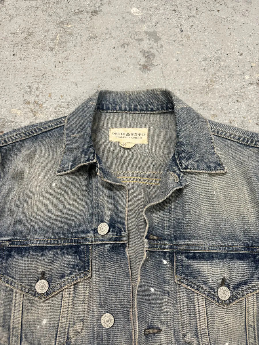 2000s Ralph Lauren Distressed Painted Blue Denim Flag Jacket GwLCHDv 11