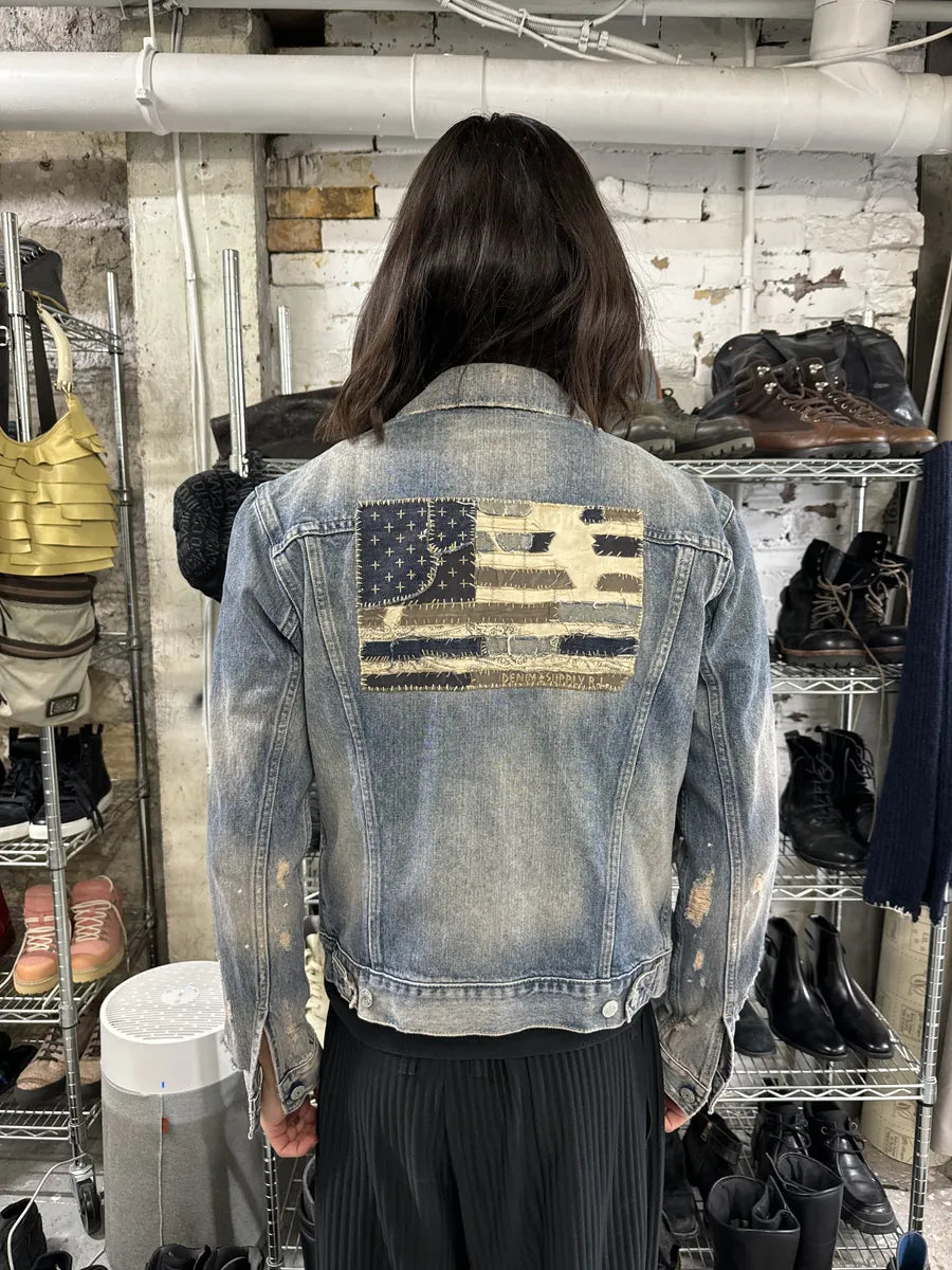 2000s Ralph Lauren Distressed Painted Blue Denim Flag Jacket GwLCHDv 3