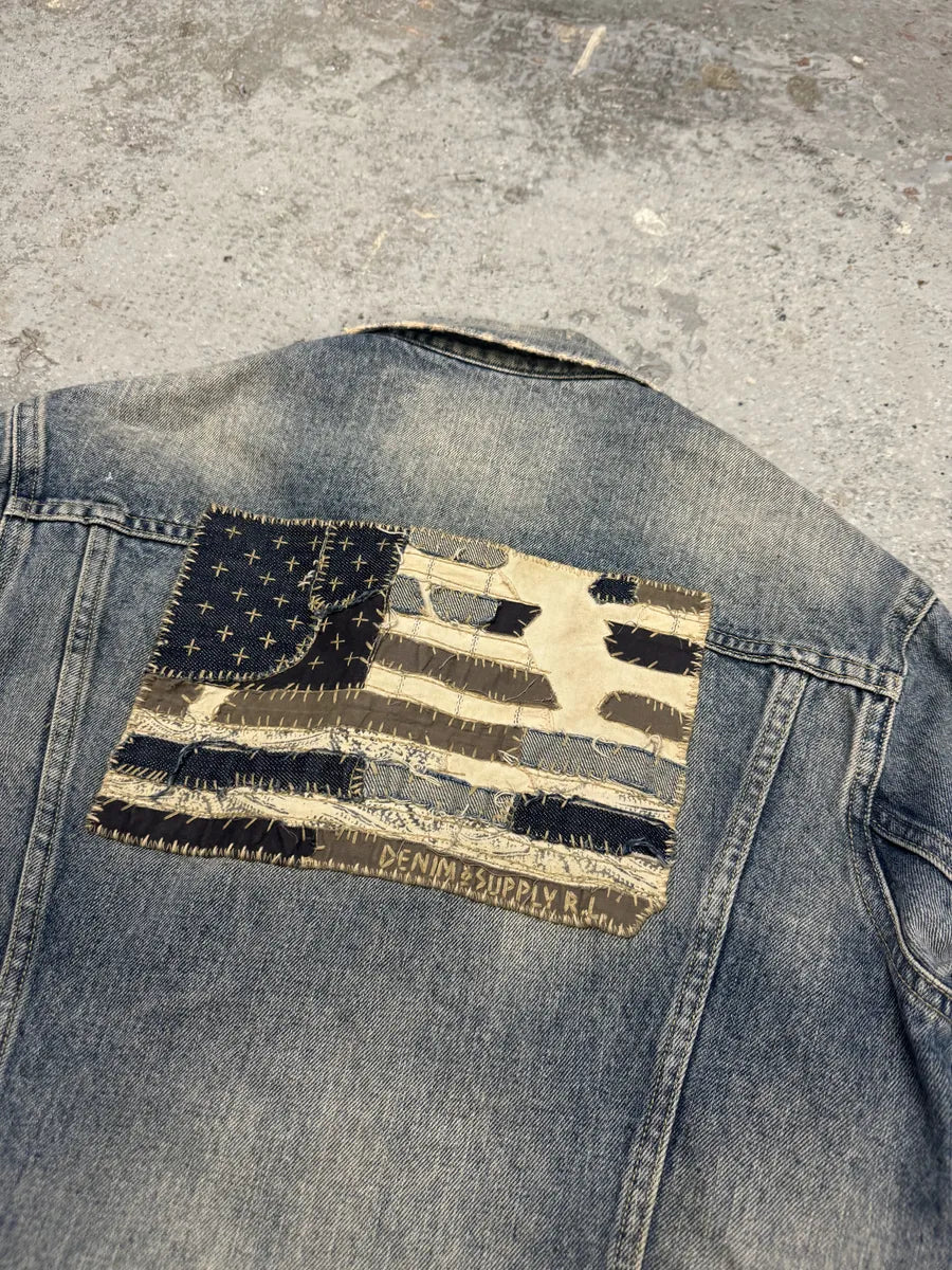 2000s Ralph Lauren Distressed Painted Blue Denim Flag Jacket GwLCHDv 4