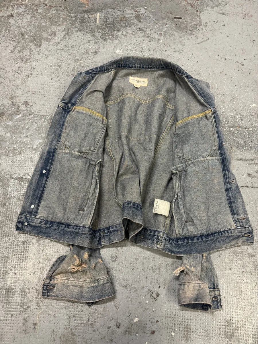 2000s Ralph Lauren Distressed Painted Blue Denim Flag Jacket GwLCHDv 5