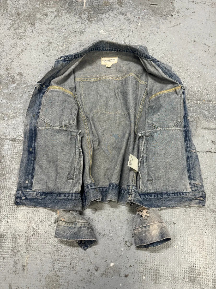 2000s Ralph Lauren Distressed Painted Blue Denim Flag Jacket GwLCHDv 7
