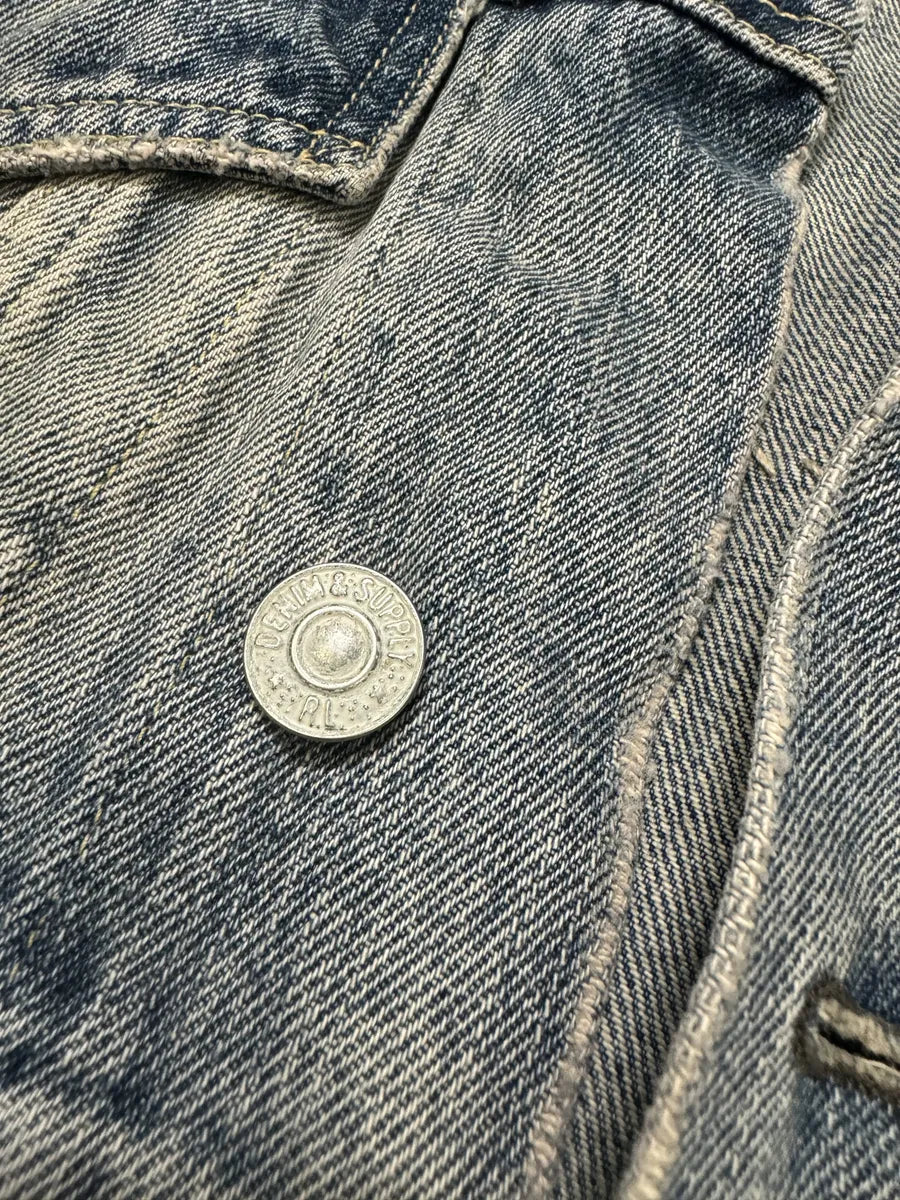 2000s Ralph Lauren Distressed Painted Blue Denim Flag Jacket GwLCHDv 9