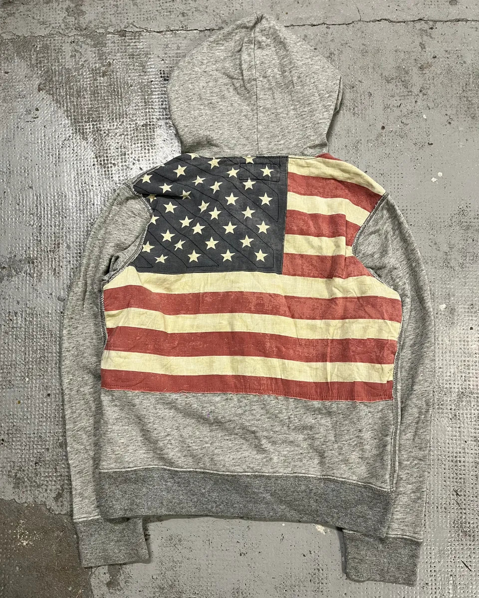 2000s Ralph Lauren Grey American Flag Distressed Zip Hoodie MStsJzd 0