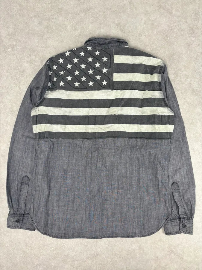 2000s Ralph Lauren Grey Denim Shirt American Flag Patch  IMFqCiz 4