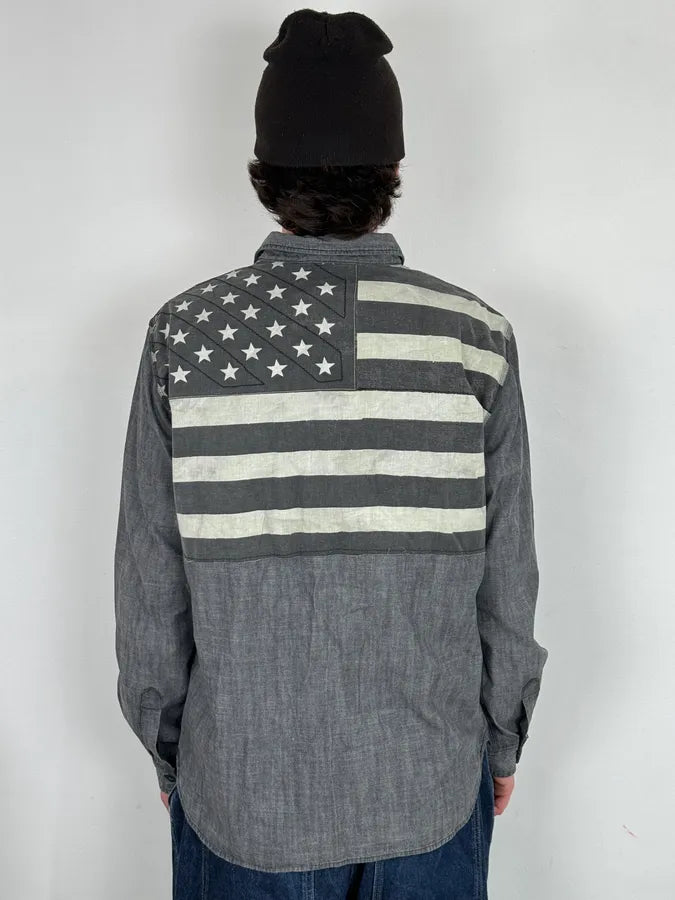 2000s Ralph Lauren Grey Denim Shirt American Flag Patch  IMFqCiz 2