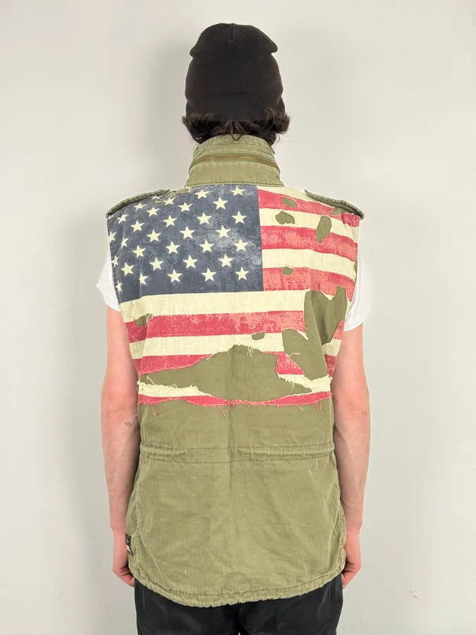 2000s Ralph Lauren Khaki USA Flag Distressed Cargo Vest NcZgmPx 3