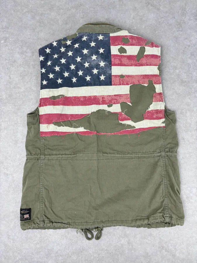 2000s Ralph Lauren Khaki USA Flag Distressed Cargo Vest NcZgmPx 0