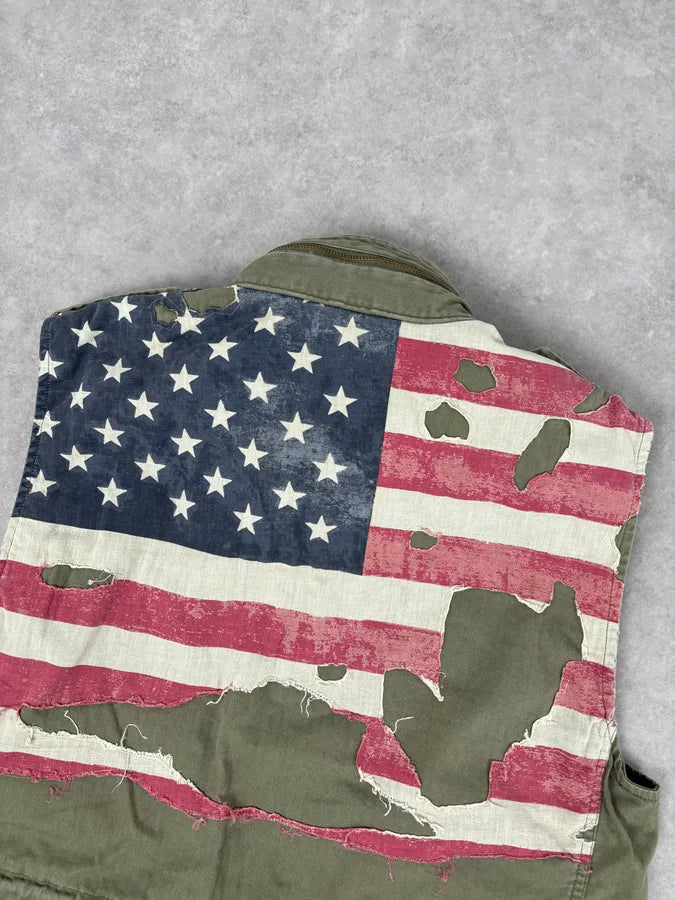 2000s Ralph Lauren Khaki USA Flag Distressed Cargo Vest NcZgmPx 5