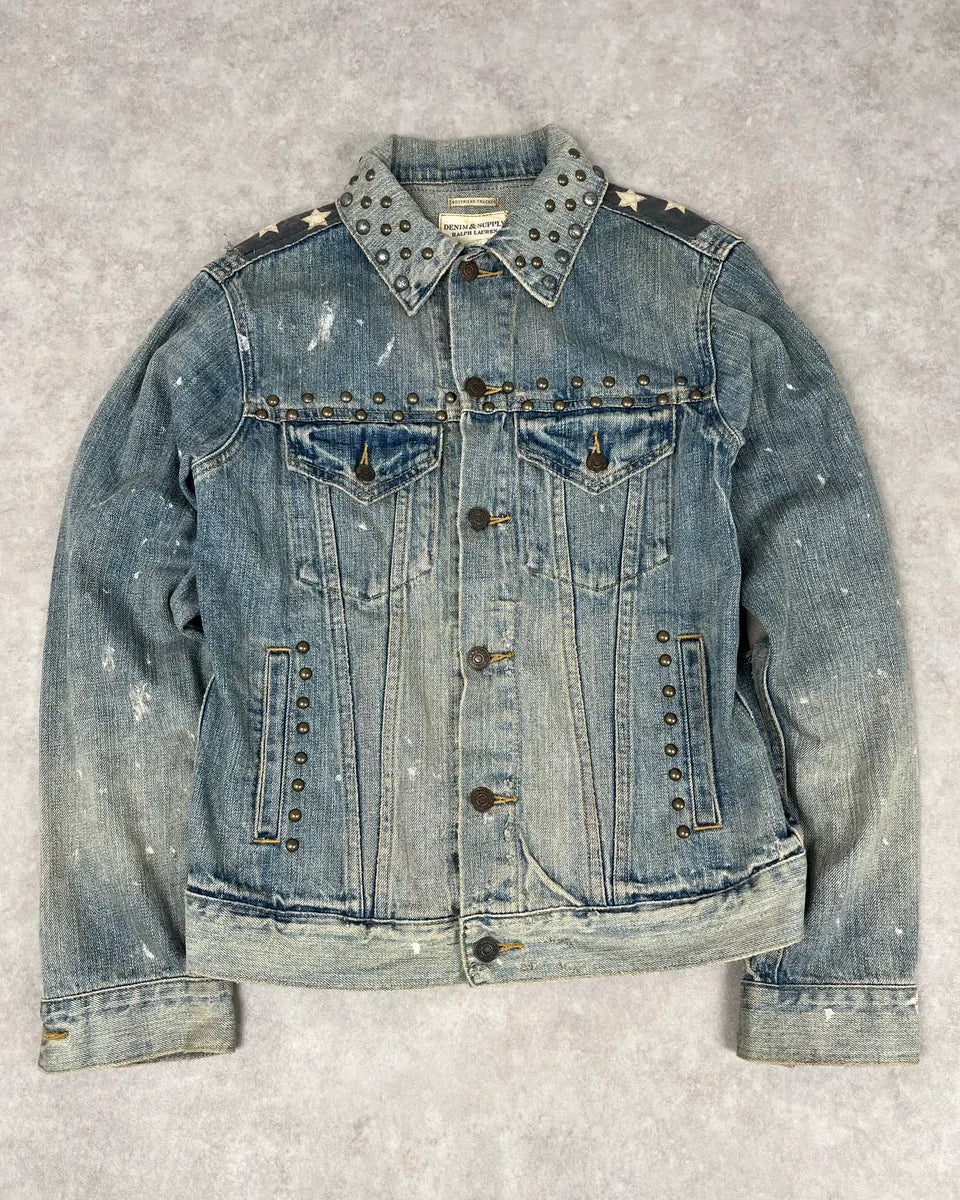 2010s Ralph Lauren Light Blue Studded USA Flag Denim Jacket ZOgEwzd 1