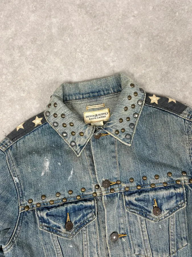 2010s Ralph Lauren Light Blue Studded USA Flag Denim Jacket ZOgEwzd 5