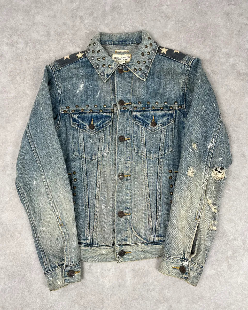 2010s Ralph Lauren Light Blue Studded USA Flag Denim Jacket ZOgEwzd 4