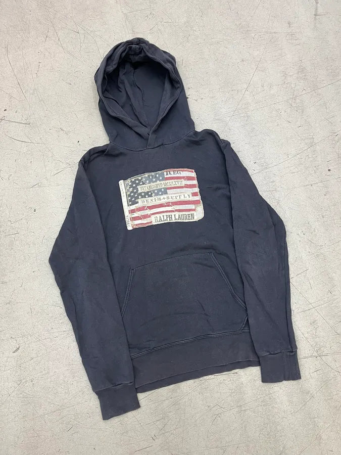 2000s Ralph Lauren Navy Cotton Distressed Flag Hoodie XfffekP 4