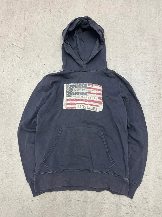 2000s Ralph Lauren Navy Cotton Distressed Flag Hoodie XfffekP 2