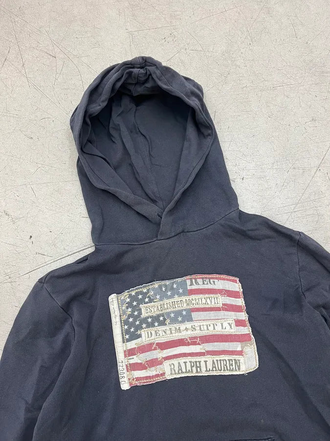 2000s Ralph Lauren Navy Cotton Distressed Flag Hoodie XfffekP 3