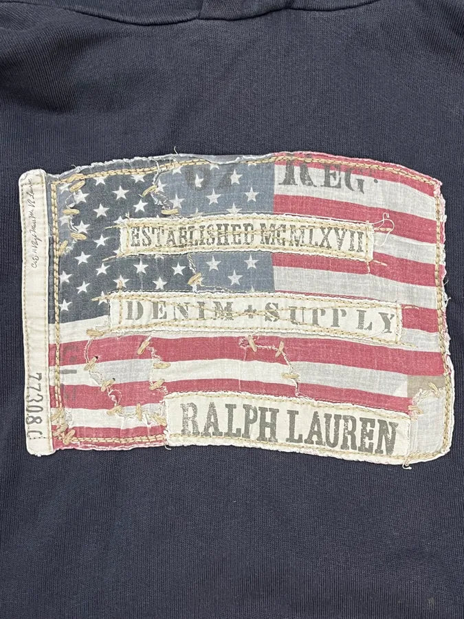 2000s Ralph Lauren Navy Cotton Distressed Flag Hoodie XfffekP 7