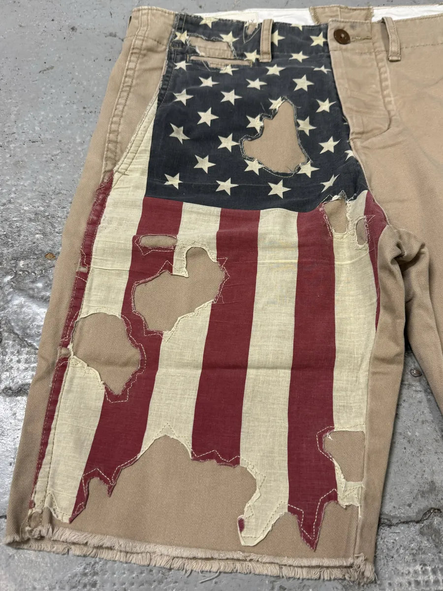 2000s Ralph Lauren USA Distressed Flag Beige Shorts CmqSfhW 5