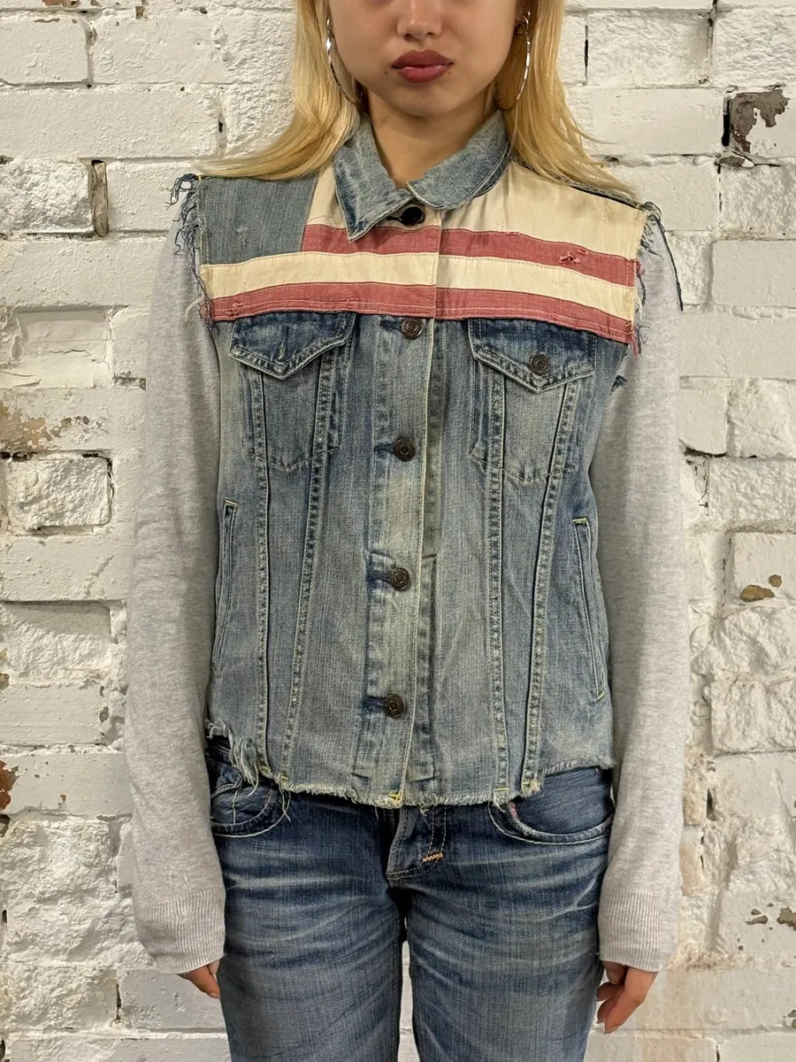2000s Ralph Lauren USA Flag Blue Denim Vest Jacket vGXwITa 1