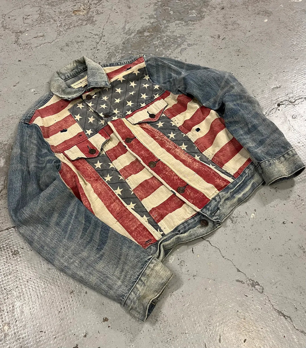 2000s Ralph Lauren USA Flag Blue Faded Denim Jacket HJOQrOw 3