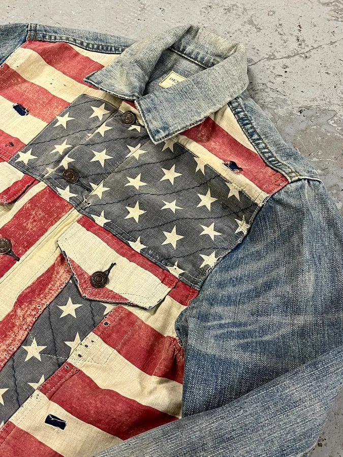 2000s Ralph Lauren USA Flag Blue Faded Denim Jacket HJOQrOw 5