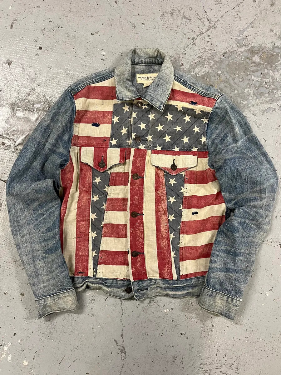 2000s Ralph Lauren USA Flag Blue Faded Denim Jacket HJOQrOw 0