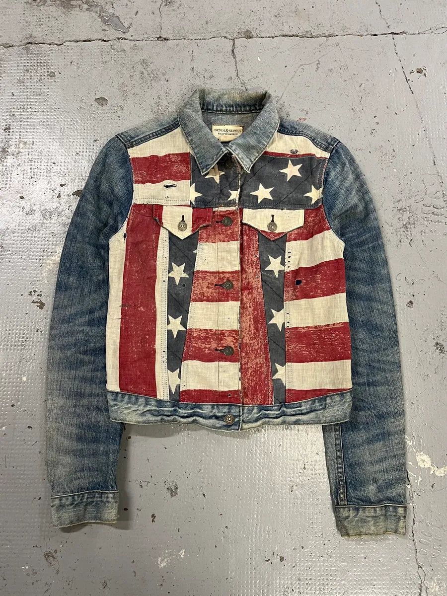 2000s Ralph Lauren USA Flag Distressed Denim Cropped Jacket upuvLFW 0