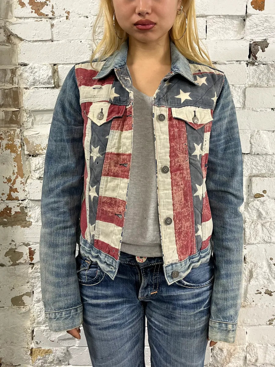 2000s Ralph Lauren USA Flag Distressed Denim Cropped Jacket upuvLFW 1