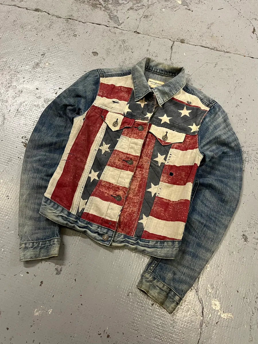 2000s Ralph Lauren USA Flag Distressed Denim Cropped Jacket upuvLFW 3