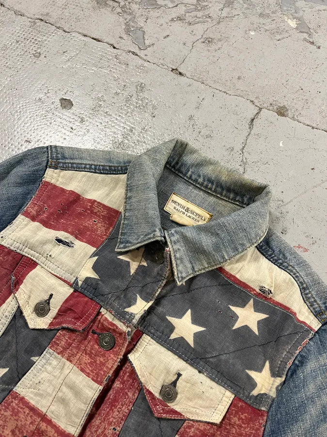 2000s Ralph Lauren USA Flag Distressed Denim Cropped Jacket upuvLFW 4