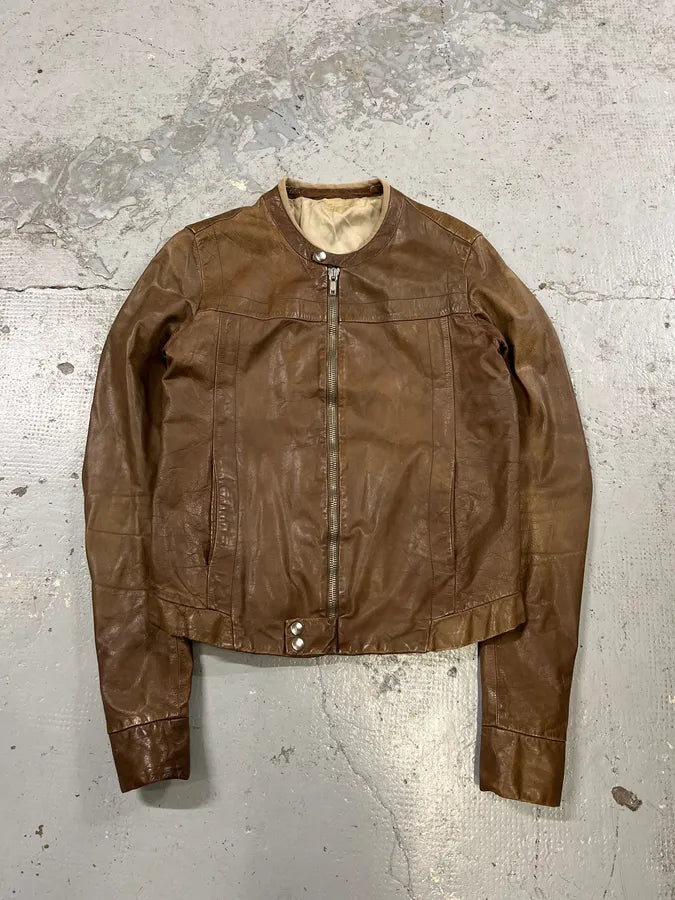 2000s Rick Owens Biker Brown Leather Jacket ENlZKtl 0