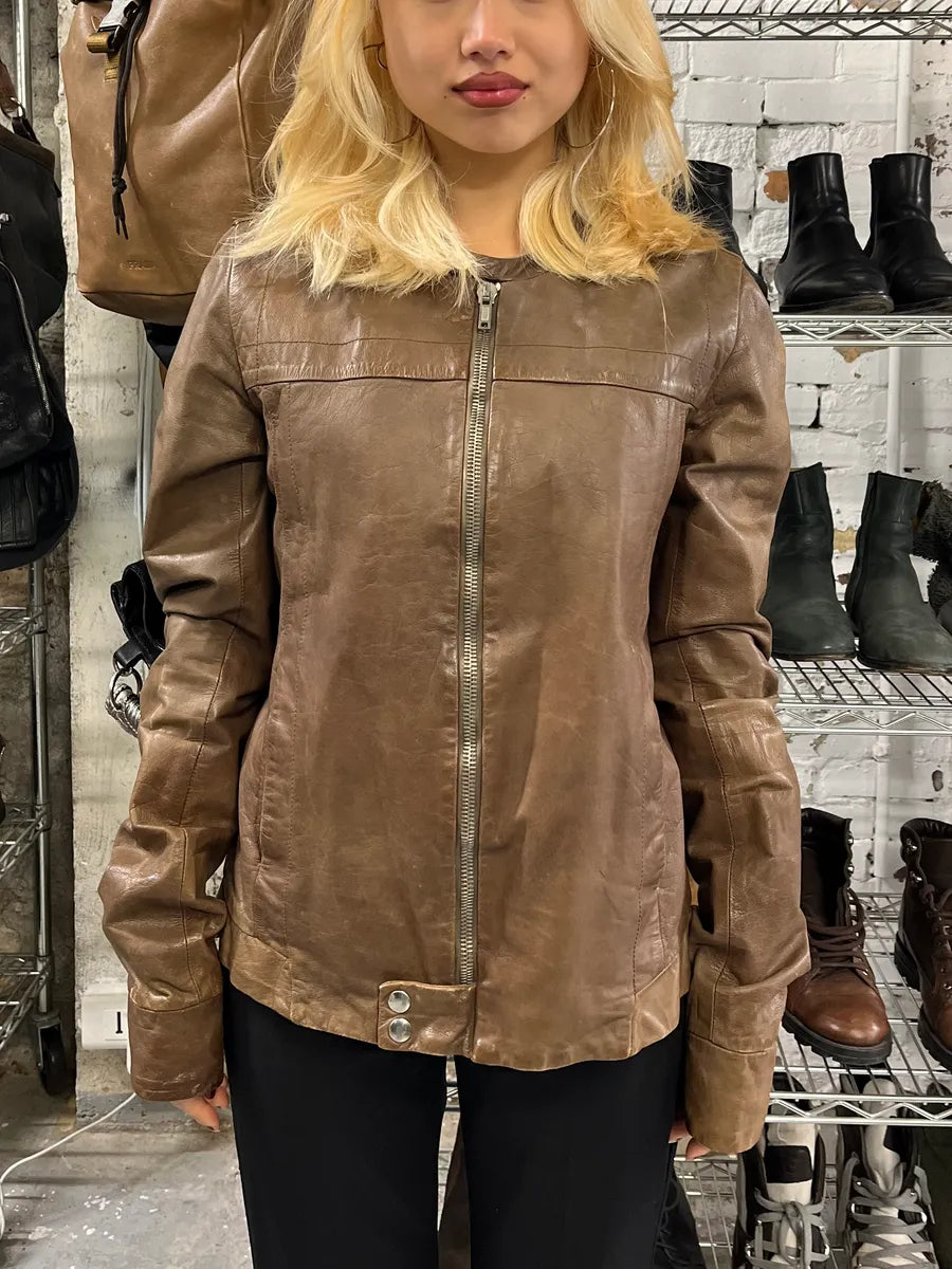 2000s Rick Owens Biker Brown Leather Jacket ENlZKtl 1