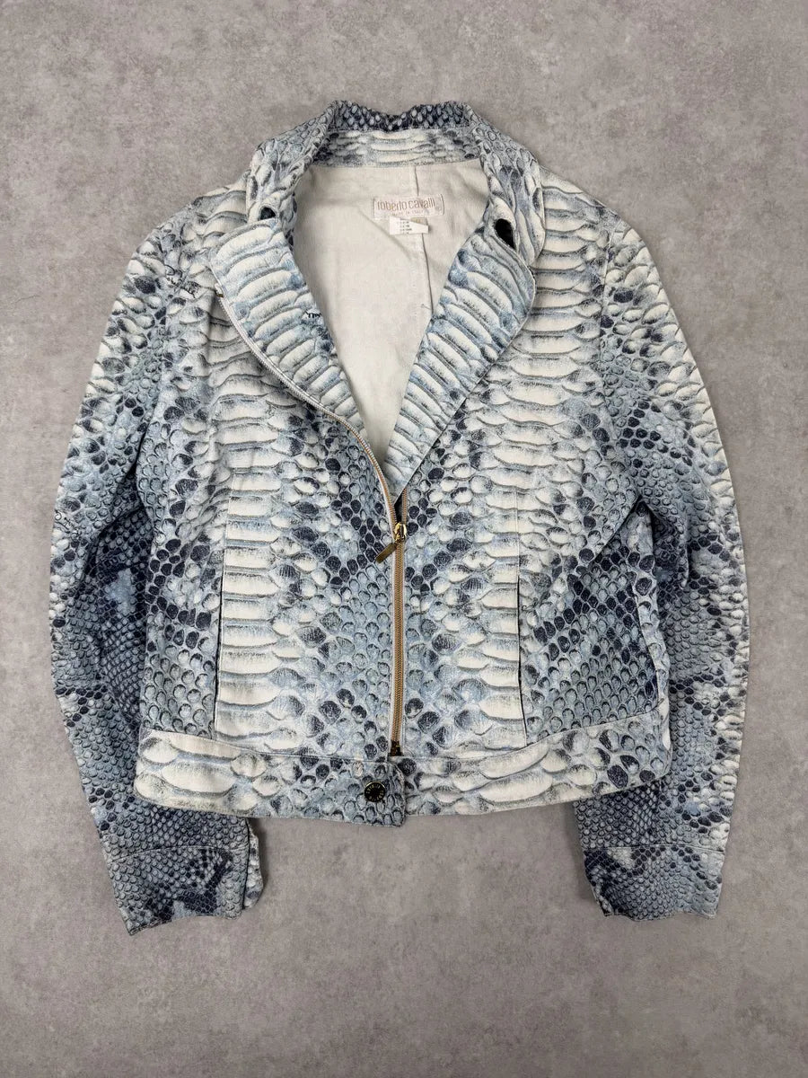 2000s Roberto Cavalli Asymmetrical Blue Python Effect Jacket ViWbAbe 1