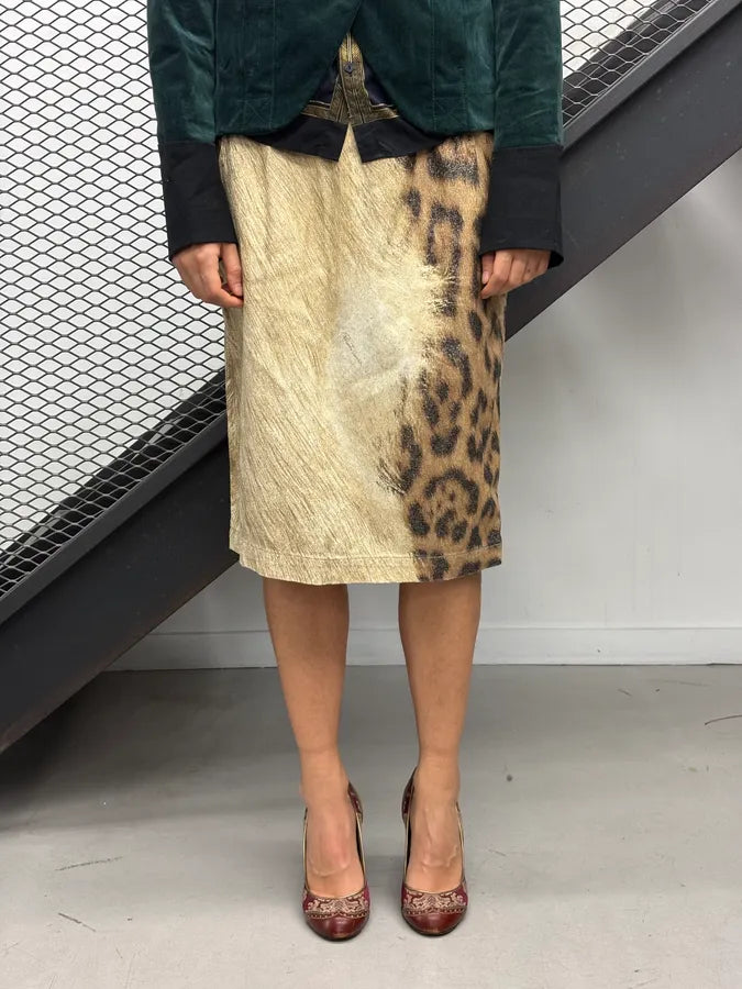 2000s Roberto Cavalli Beige & Black Leopard Safari Skirt pwaoRJq 0