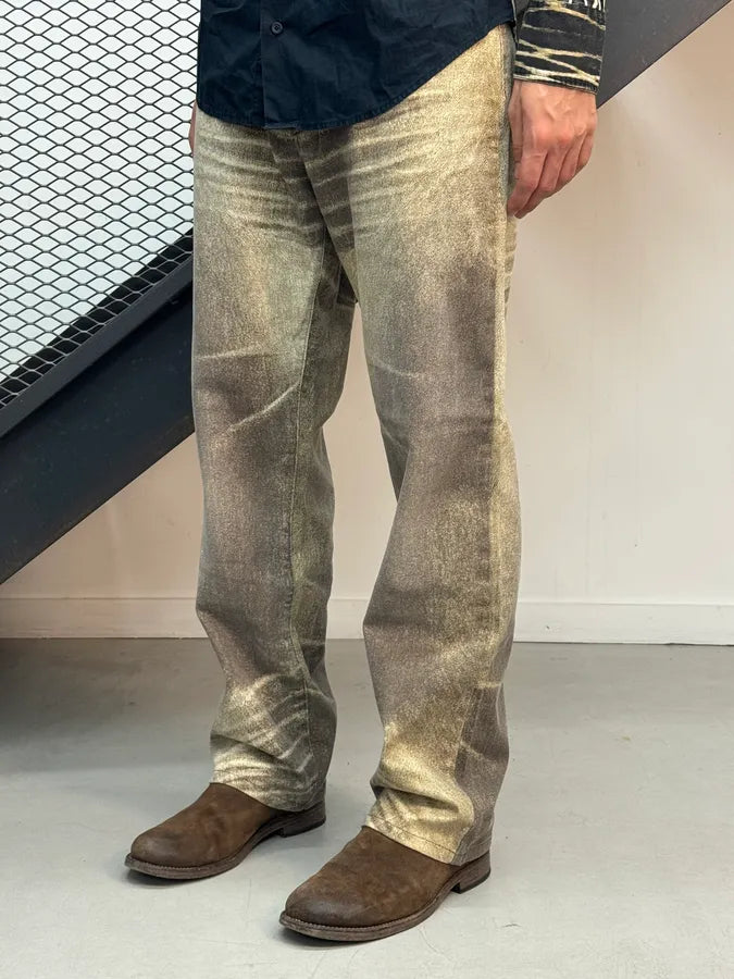 2000s Cavalli Beige & Grey Sandstorm Overprint Faded Pants pMSkRKv 1