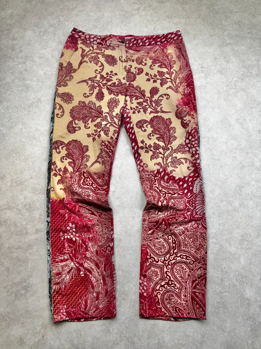 2000s Roberto Cavalli Beige & Red Paisley Floral Soft Pants HOZgAxU 3