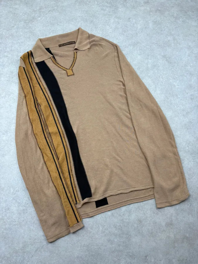 2000s Roberto Cavalli Beige Contrast Stripe Longsleeves Polo Sweater vFAAXKi 3
